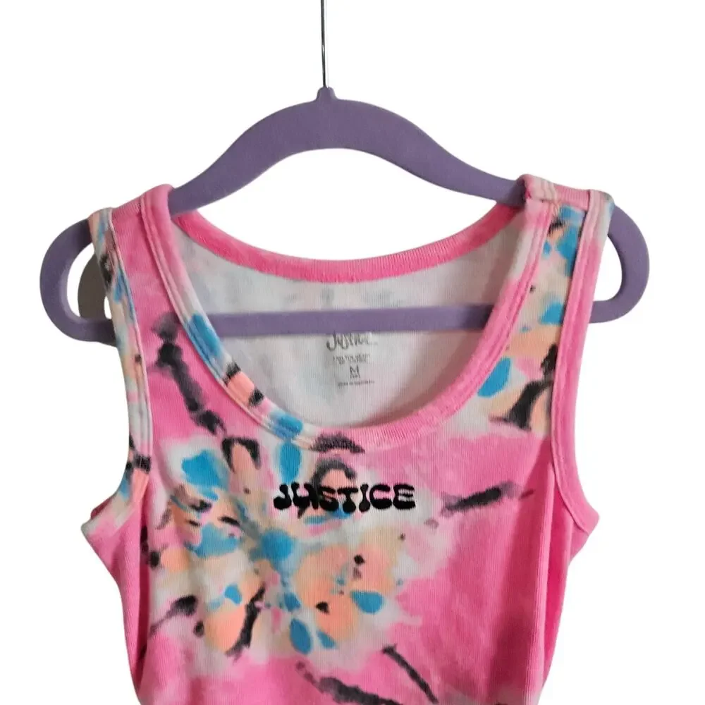 Justice Ribbed Tank Top Hot Pink Floral Tie Dye Side Cinch Summer Girls Size M